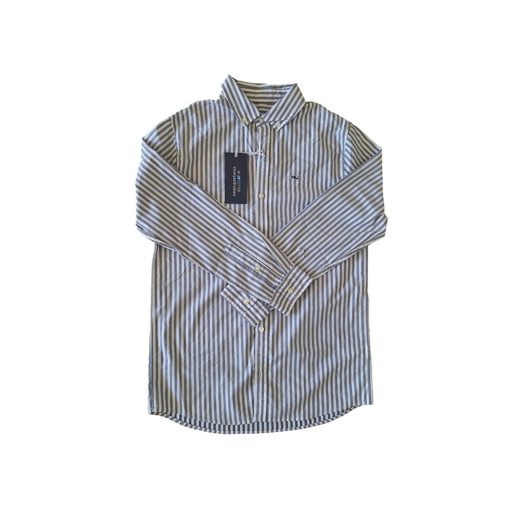 Boy Medium 12/14 Vineyard Vine whale Blue White Stripe button Down Dress Shirt‎